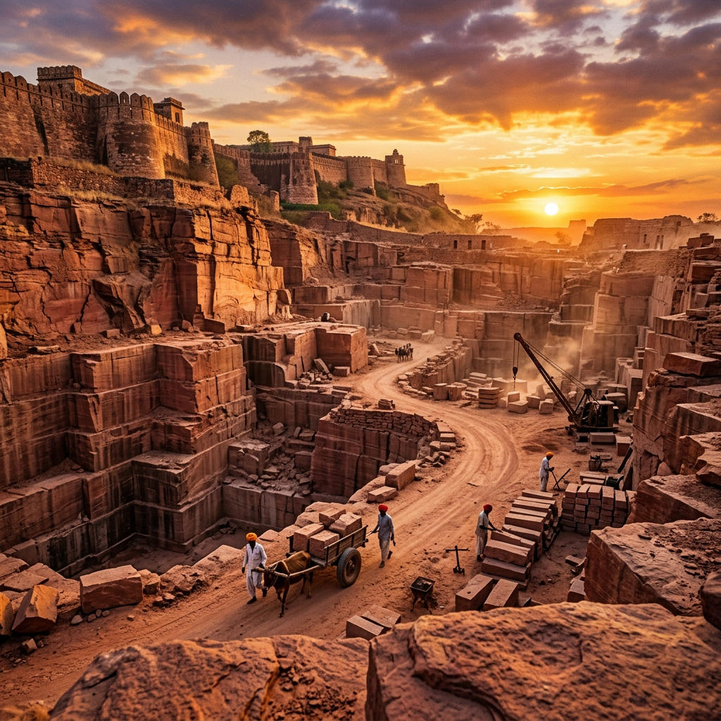 Mining excavator operations at Jodhana quarry