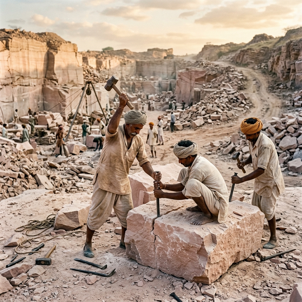 Workers manually splitting sandstone blocks with chisel and hammer in 1996