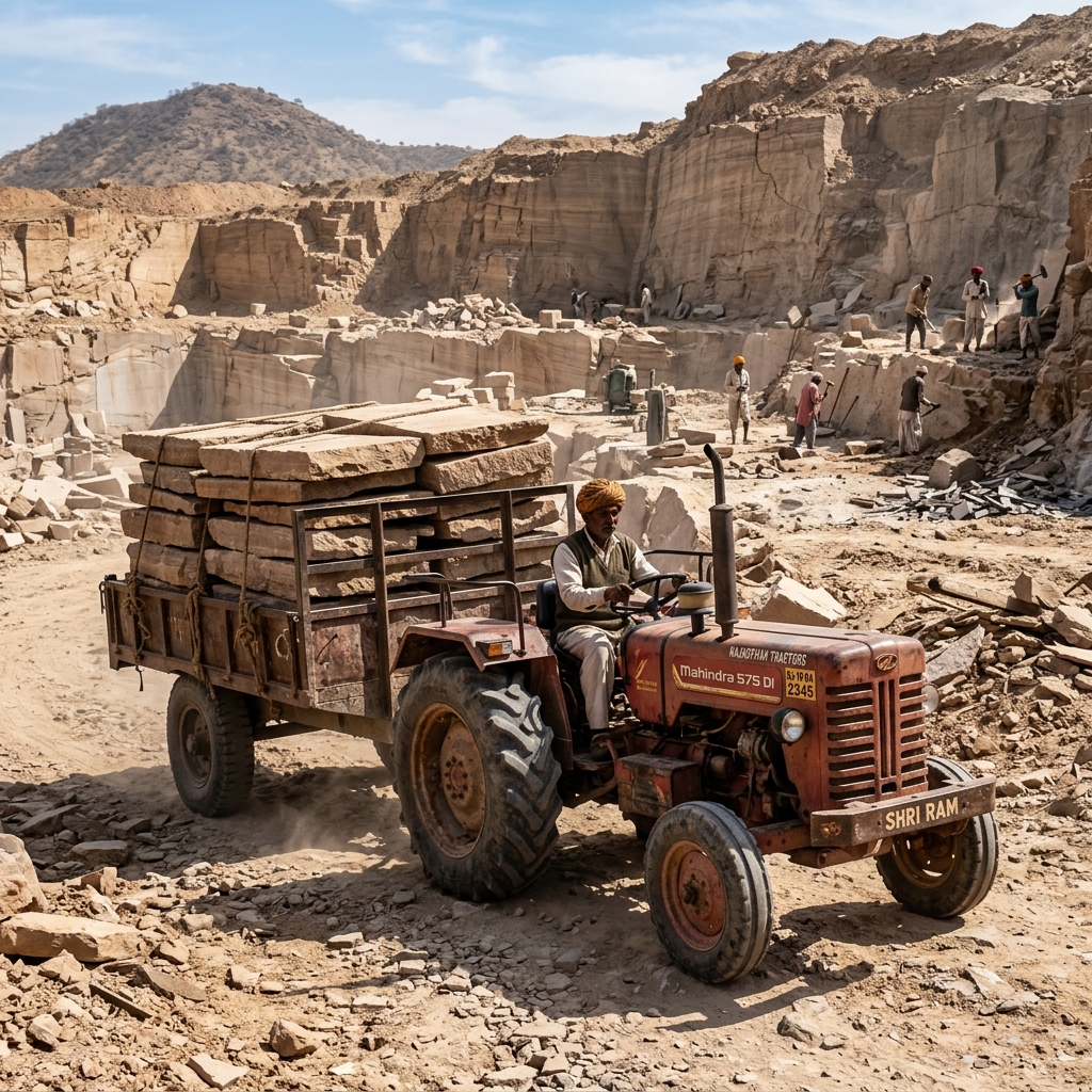 Tractor transporting sandstone slabs in a quarry in 2006
