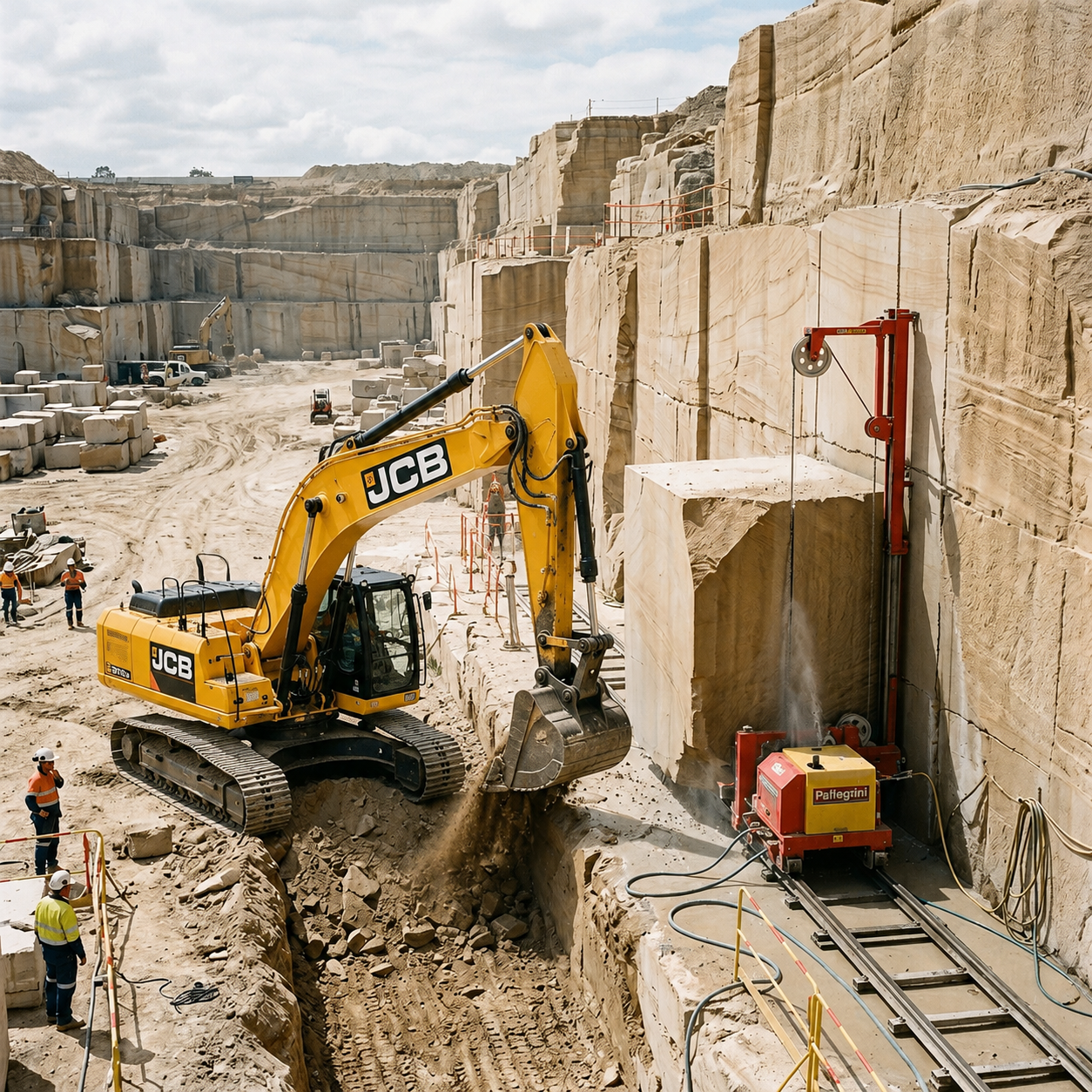 Modern diamond wire saw cutting and heavy machinery operating in the mine